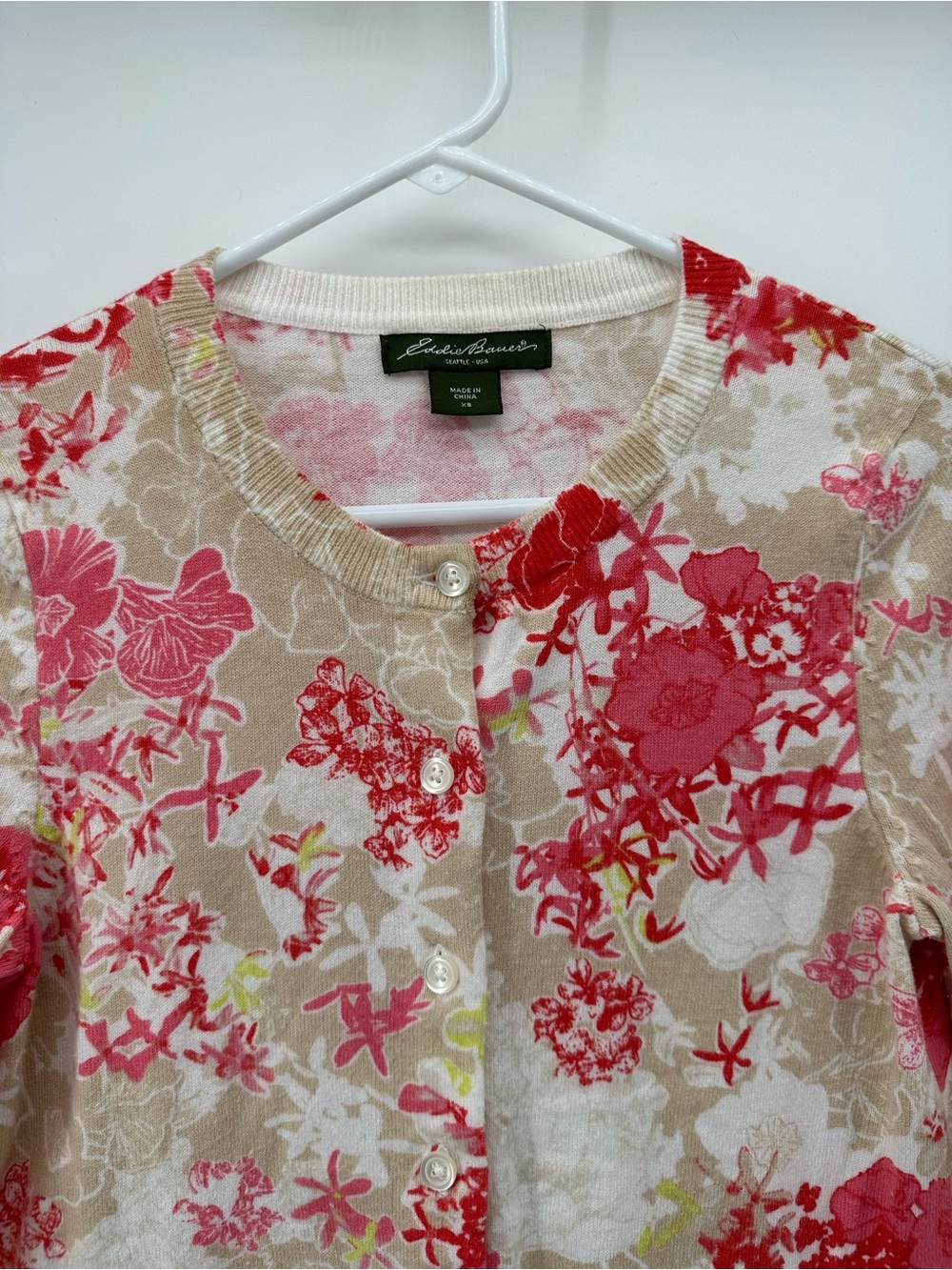 Eddie Bauer Cream Cardigan with Pink Floral Print